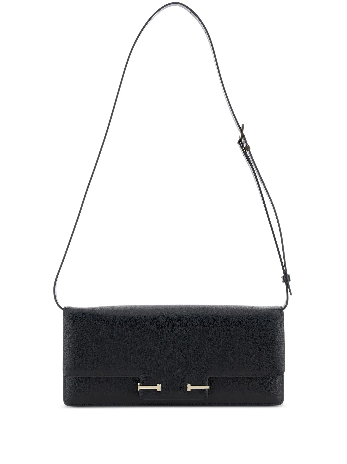 Black handbag with a strap on a white background