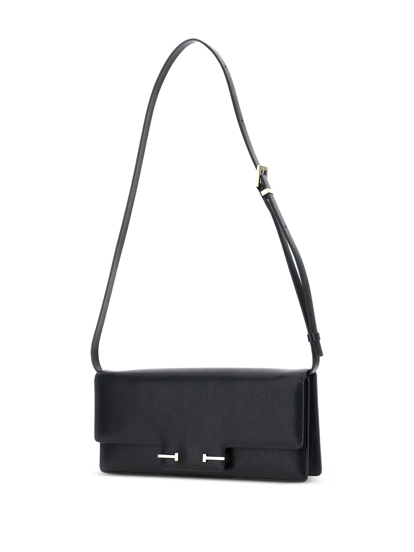 Black shoulder bag with a strap on a white background