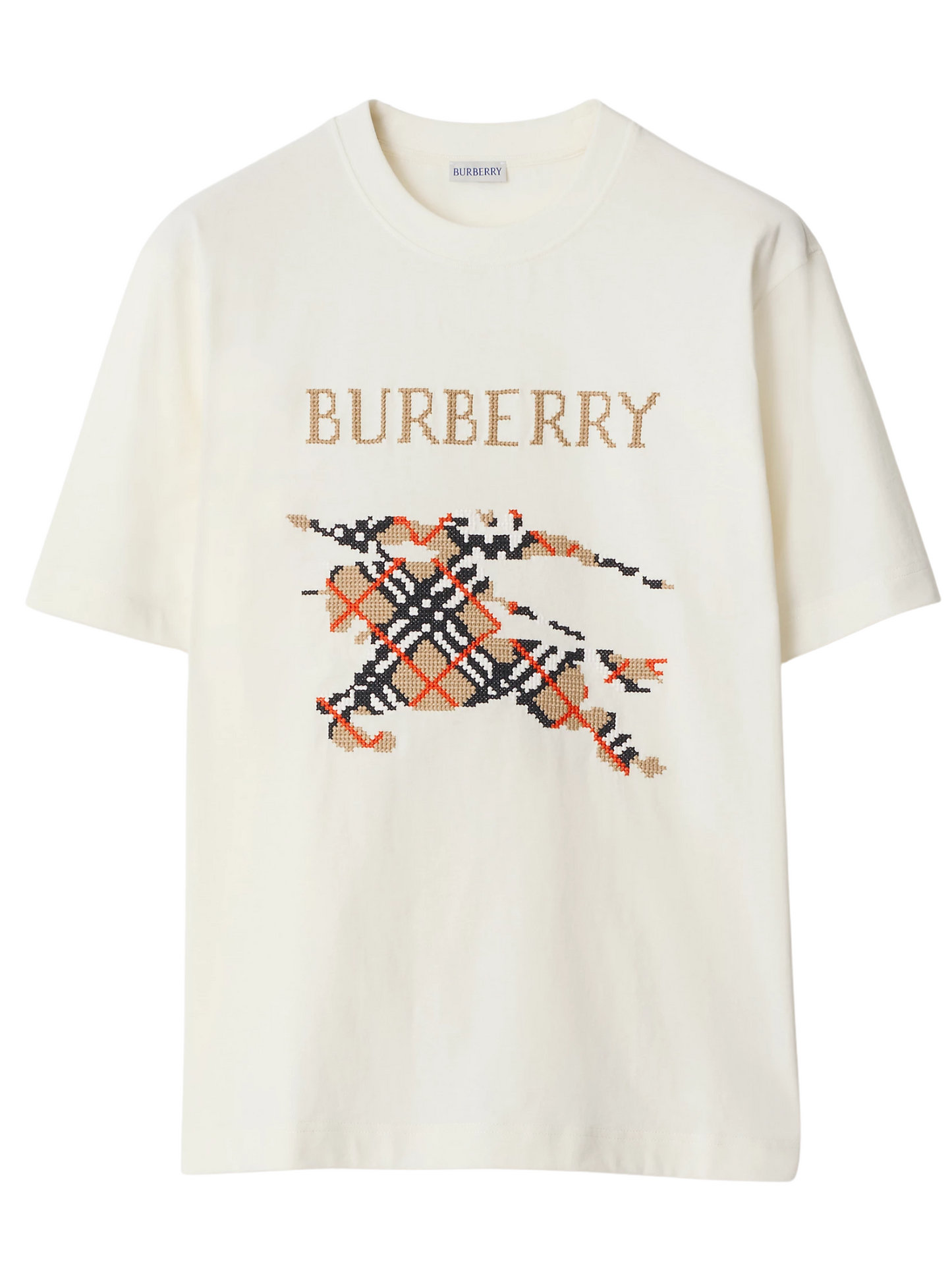 BURBERRY WOMEN Logo Embroidered Checked T-Shirt Chalk BURBERRY WOMEN Logo Embroidered Checked T-Shirt Chalk