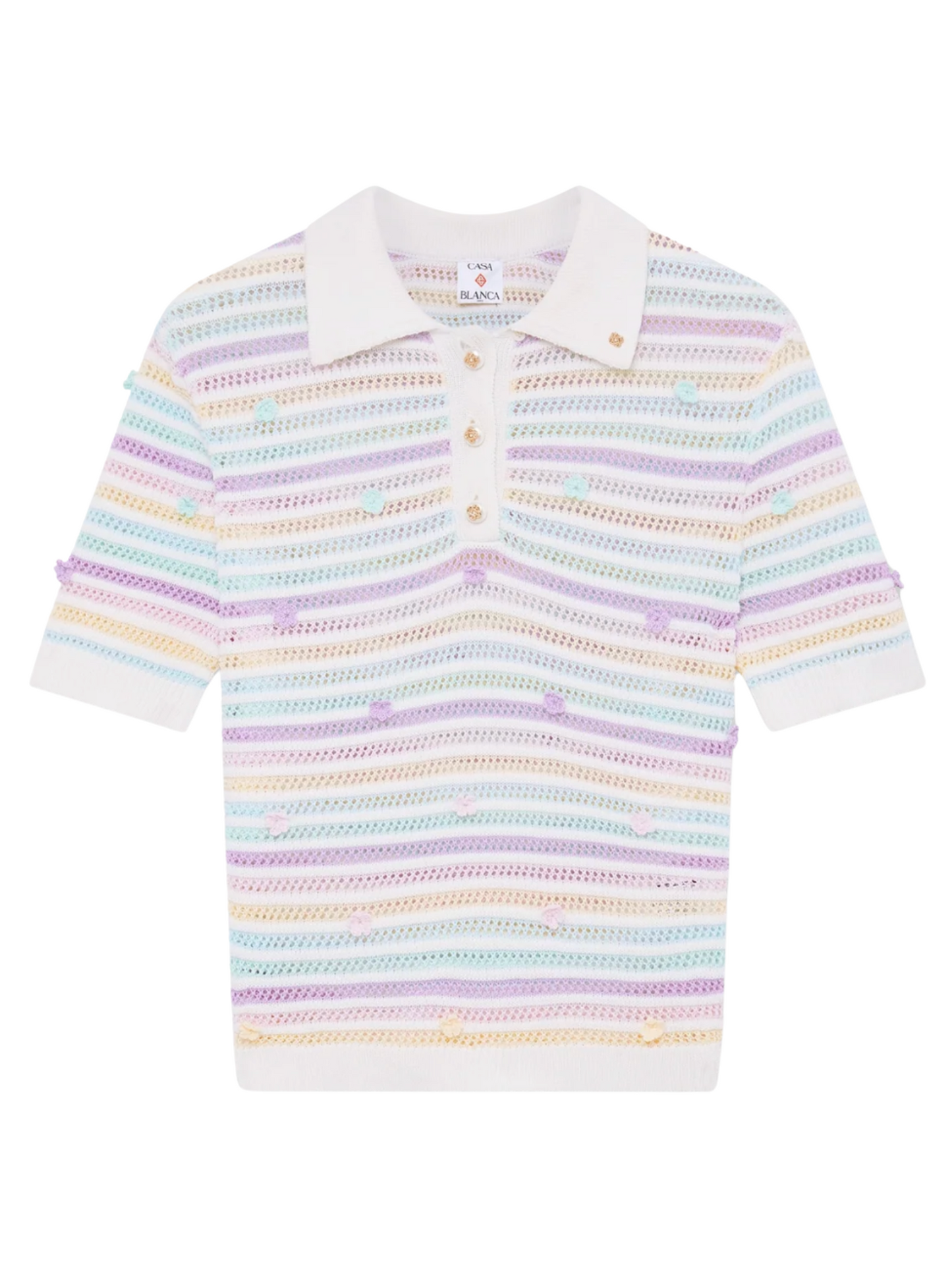 CASABLANCA WOMEN Flower Stripe Cotton Crochet Polo White/Multicolour - MAISONDEFASHION.COM