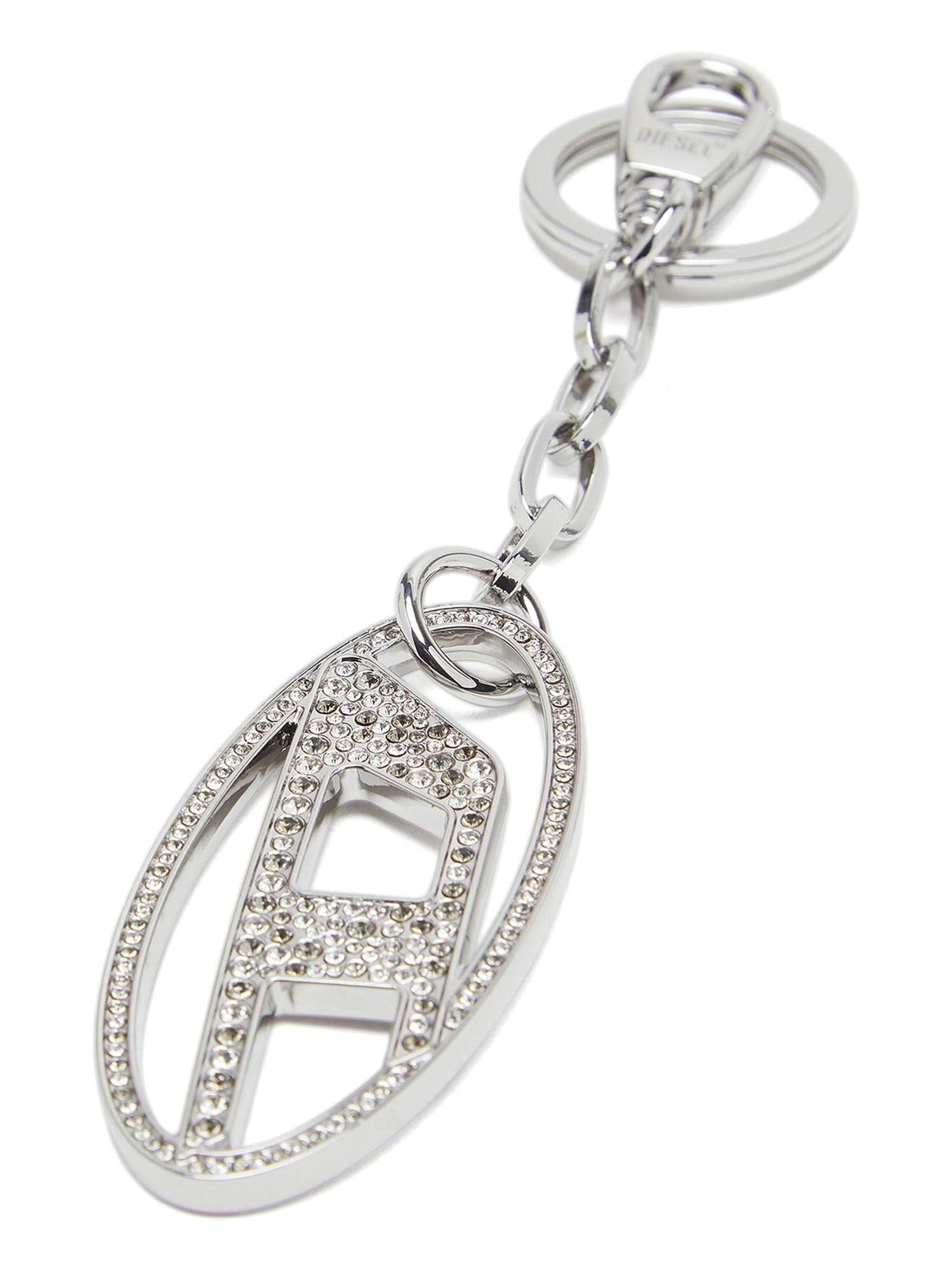 DIESEL Women Metal Oval D keyring with crystals Silver