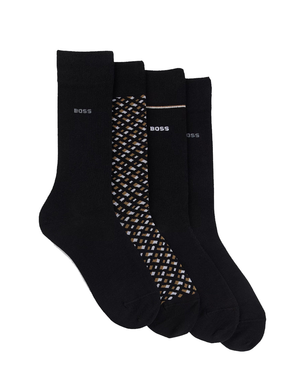 Full view of the BOSS 4 Pack Regular-Length Cotton Socks in Black, presented as a versatile and comfortable essentials pack.