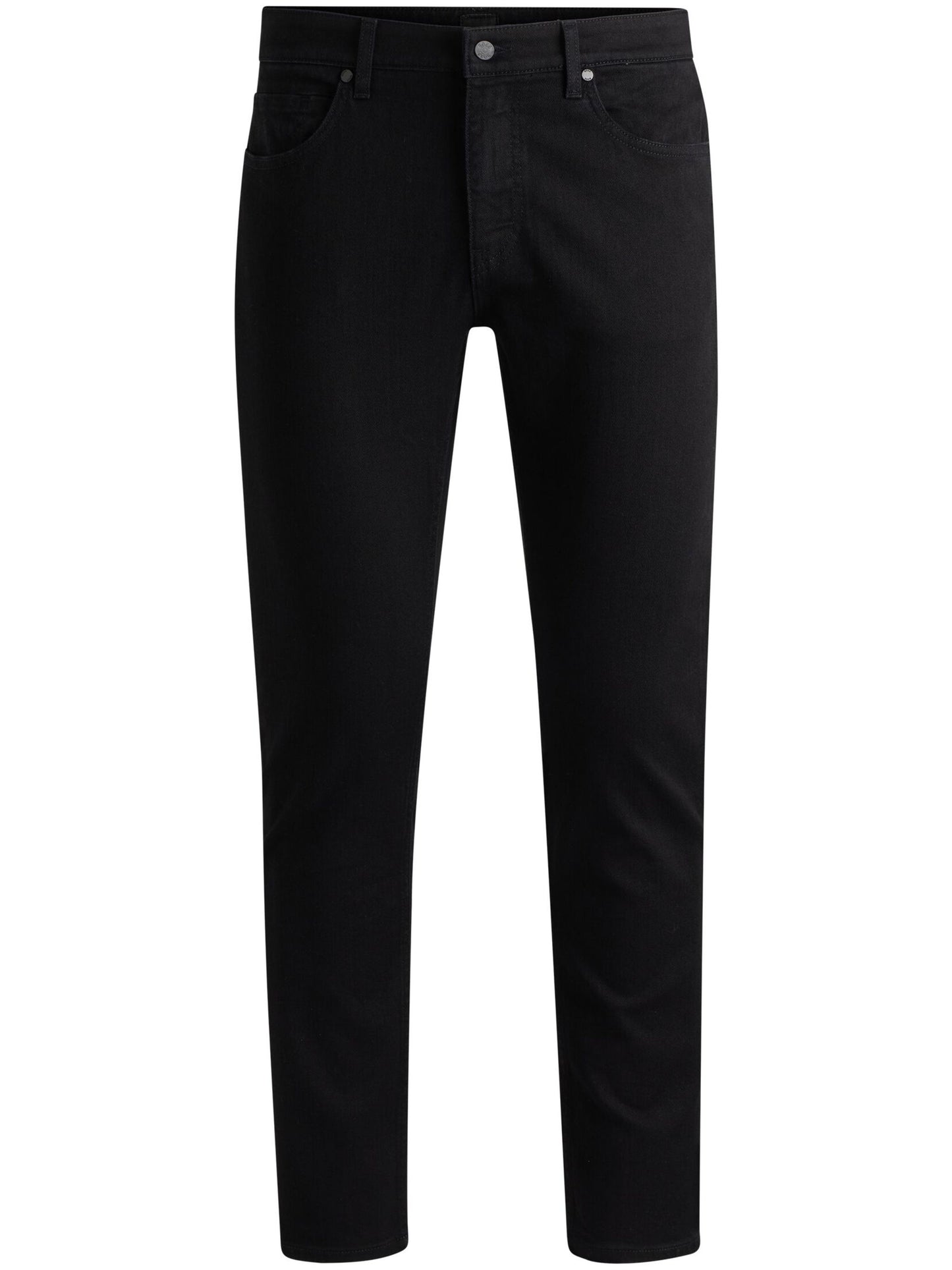 Front view of Boss H-Delaware mid-rise straight-leg jeans in black showcasing classic design.