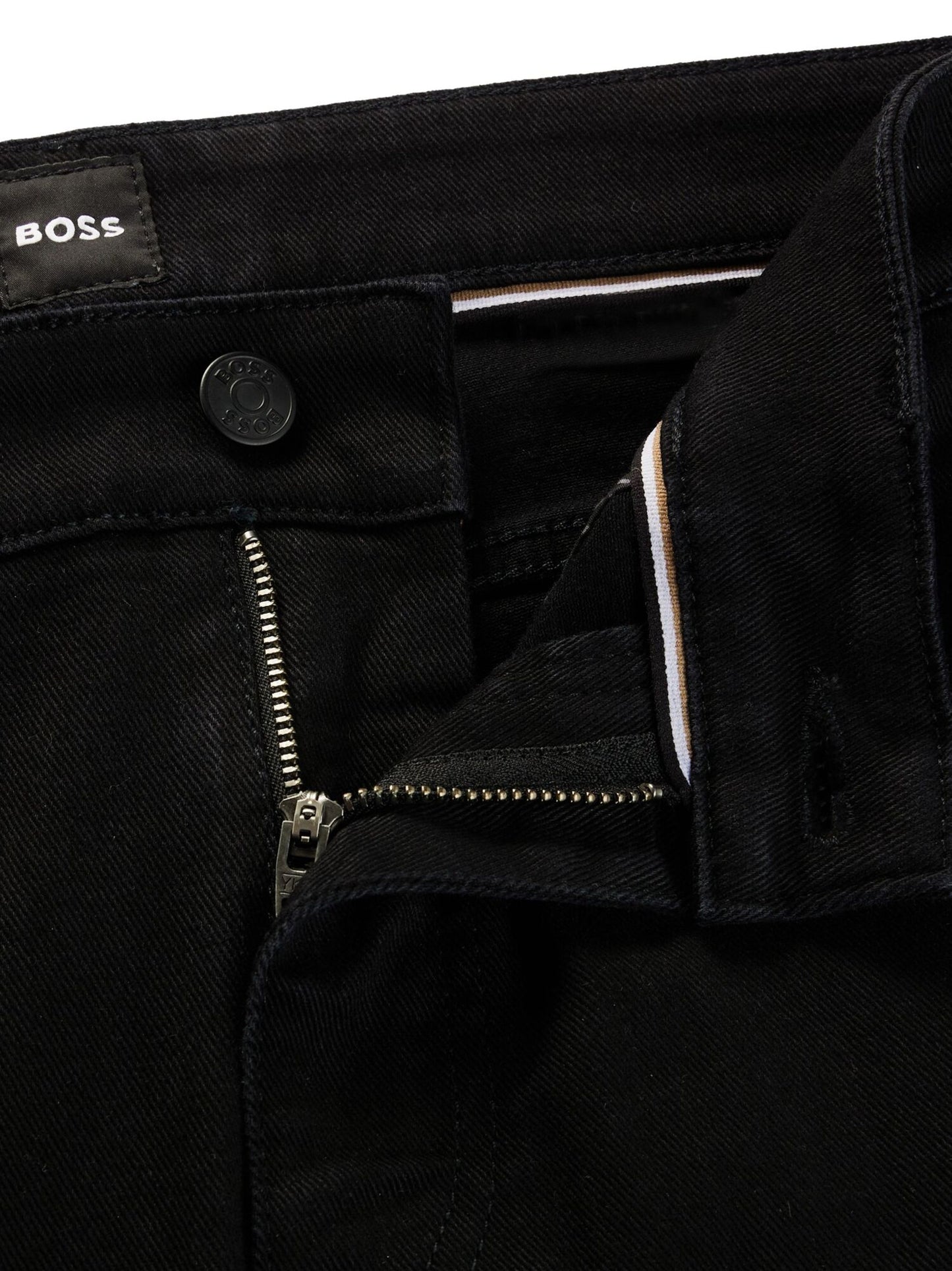 Detailed view of Boss H-Delaware mid-rise straight-leg jeans in black showing denim texture.