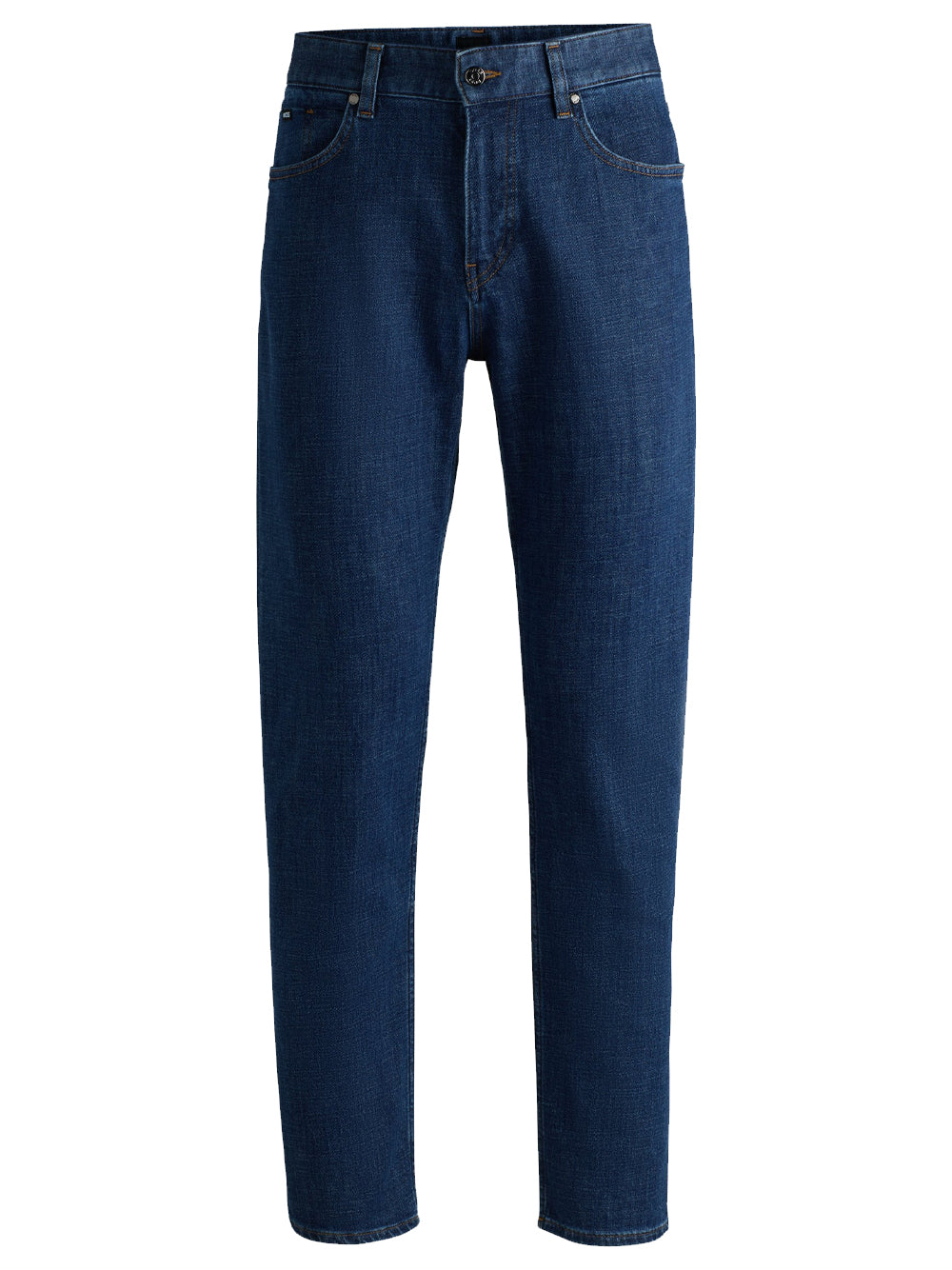 Front view of the BOSS H-Re.Maine Regular Fit Stretch Denim Jeans in Blue, featuring a classic 5-pocket design and modern fit.