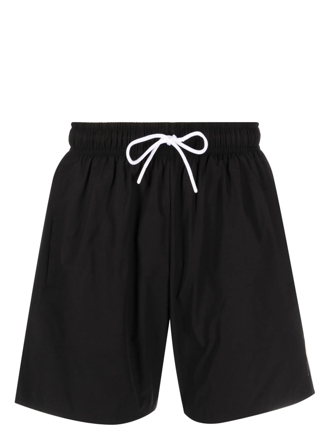 Front view of the BOSS Iconic Logo Print Swim Shorts in Black, featuring minimal to no logo branding and an elasticated waistband.