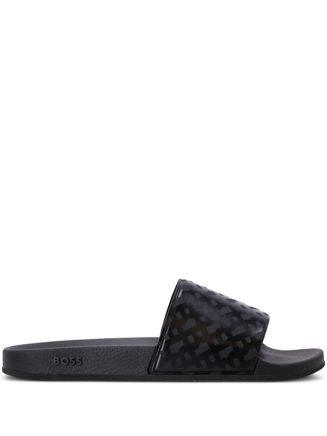 Side view of the BOSS Monogram Print Sliders in Black, highlighting the contoured footbed and durable construction.