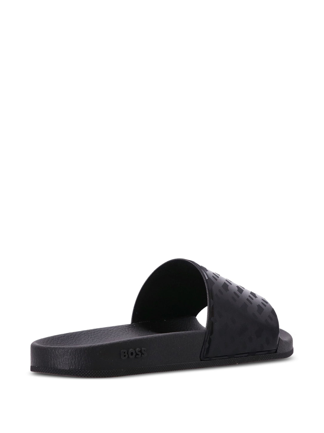 Back view of the BOSS Monogram Print Sliders in Black, emphasizing the sleek monogram pattern and side logo