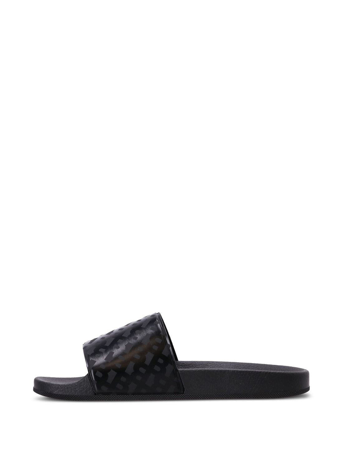 Right pair side view of the BOSS Monogram Print Sliders in Black, highlighting the contoured footbed and durable construction.