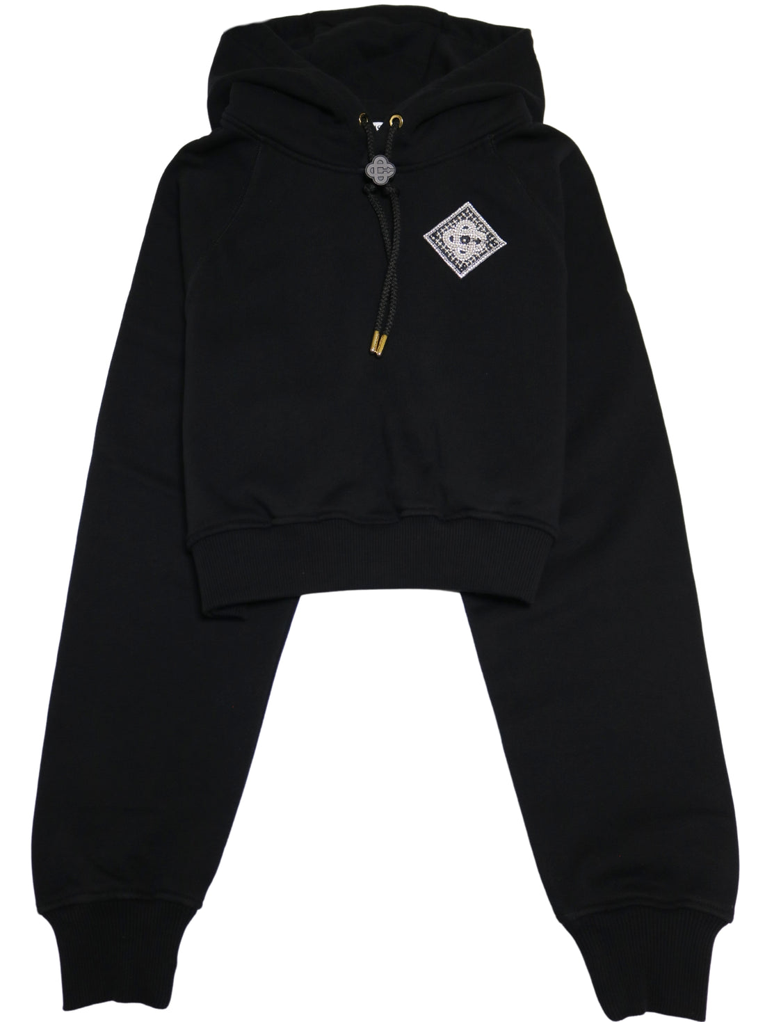 Front view of the Casablanca Women Pearl Diamond CC Logo Patch Crop Hoodie in black, featuring a cropped design, drawstring hood, and pearl-embellished CC logo patch on the chest.