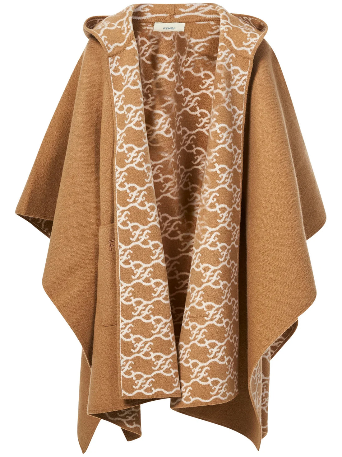 FENDI KIDS Logo Embroidered Hooded Coat Poncho Brown Camel - MAISONDEFASHION.COM