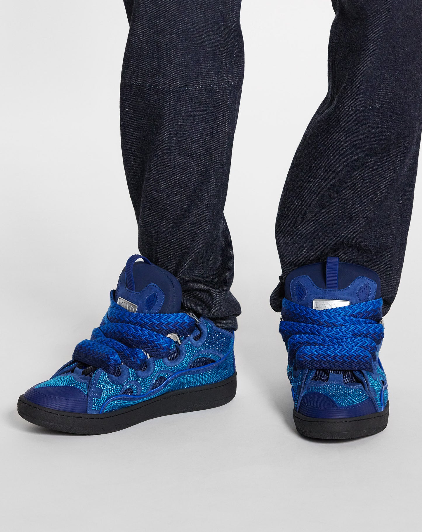 LANVIN Curb Leather and Rhinestone Sneakers Majorelle Blue