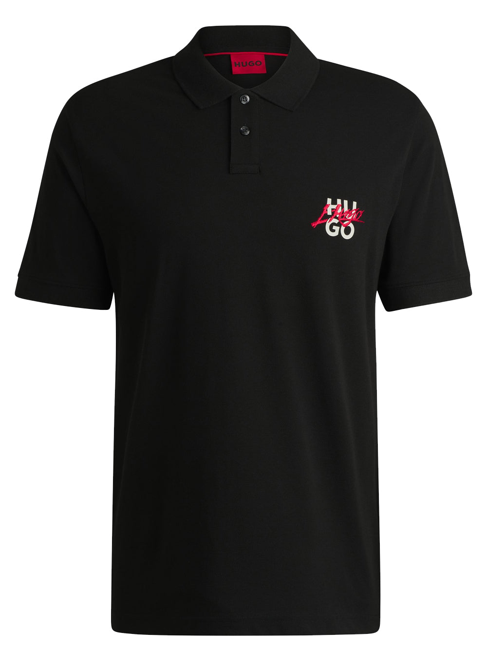 Front view of the HUGO Dalogpolo Logo Graphic Polo Shirt in Black, featuring bold logo graphics on the chest for a statement look.