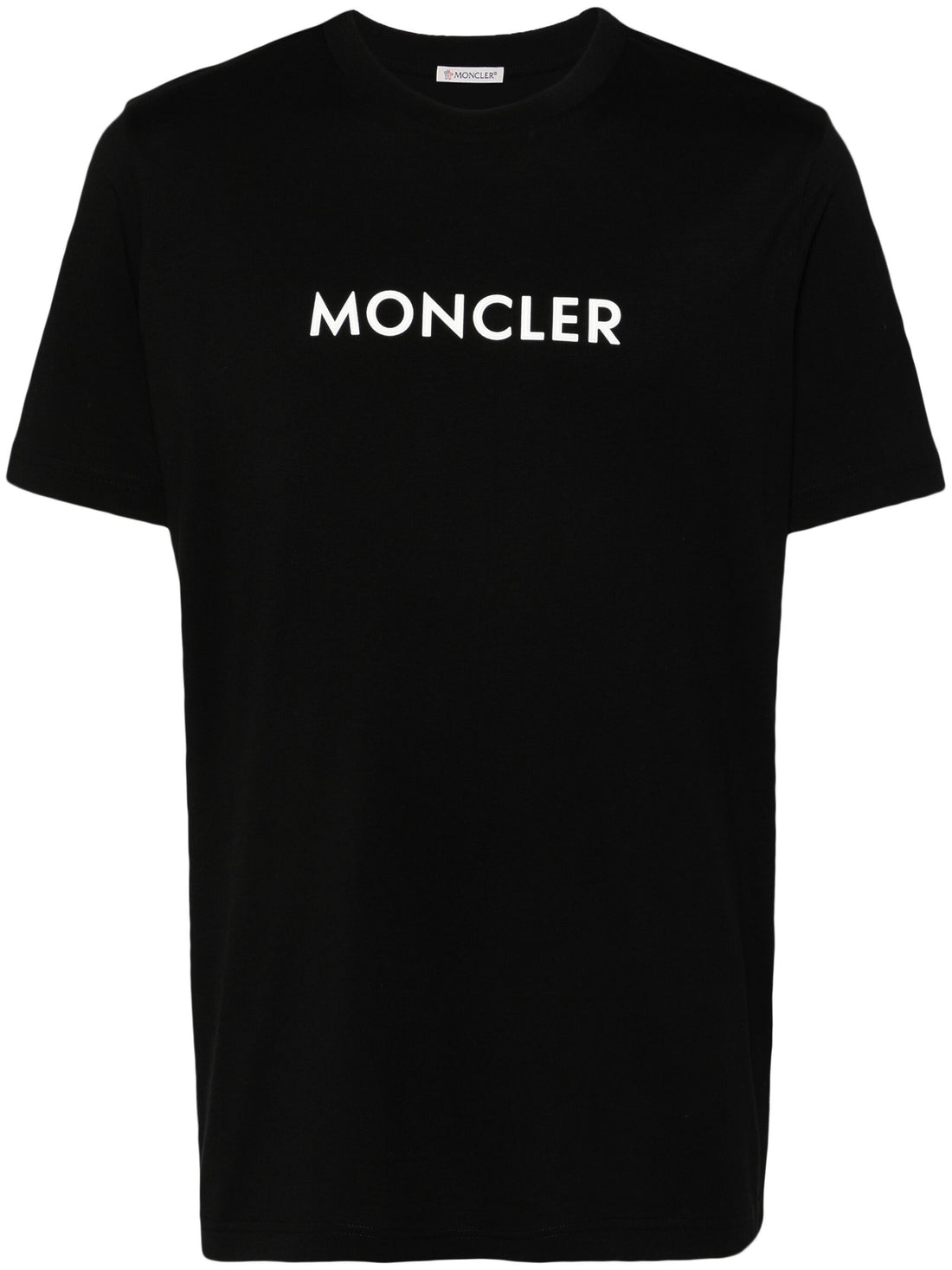 Front view of the MONCLER Logo Print Cotton T-Shirt in Black, featuring bold logo branding across the chest.