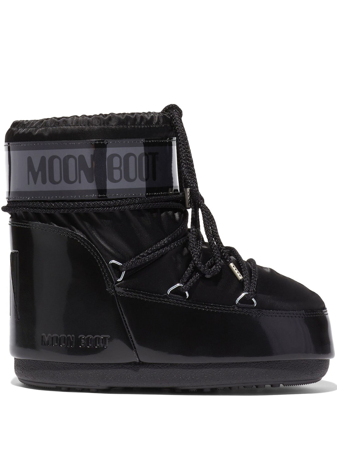 Moon Boot Icon Low Satin Boots in black with sleek finish and branding side profile