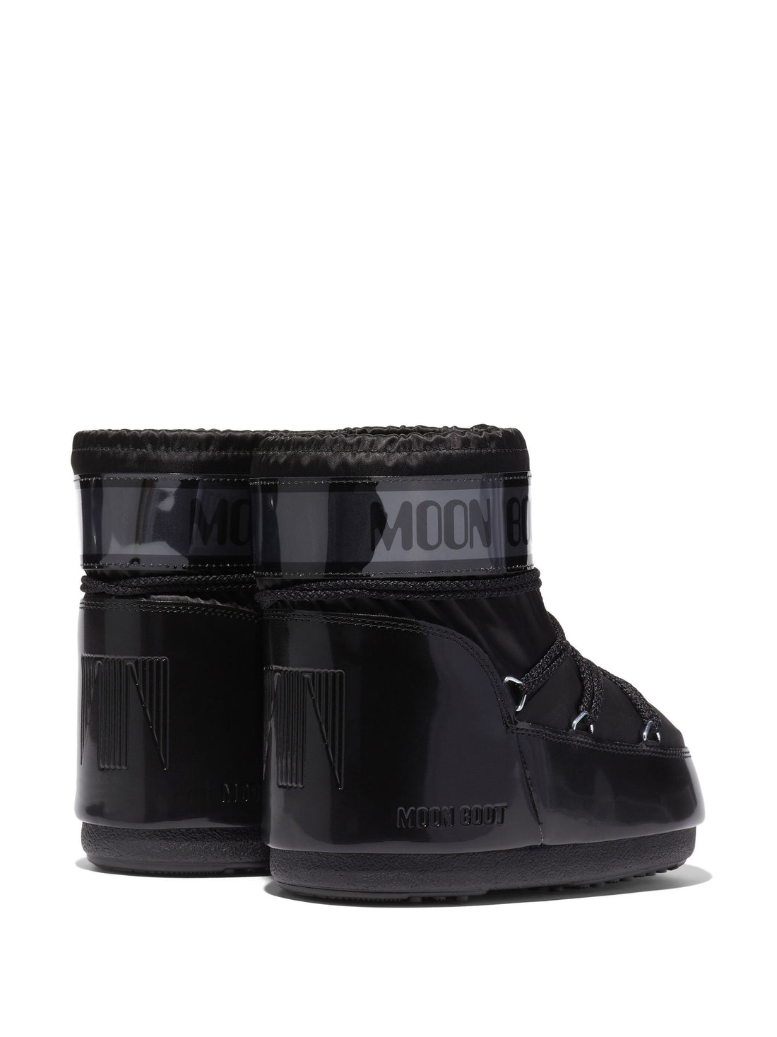 Moon Boot Icon Low Satin Boots in black with sleek finish and branding side view