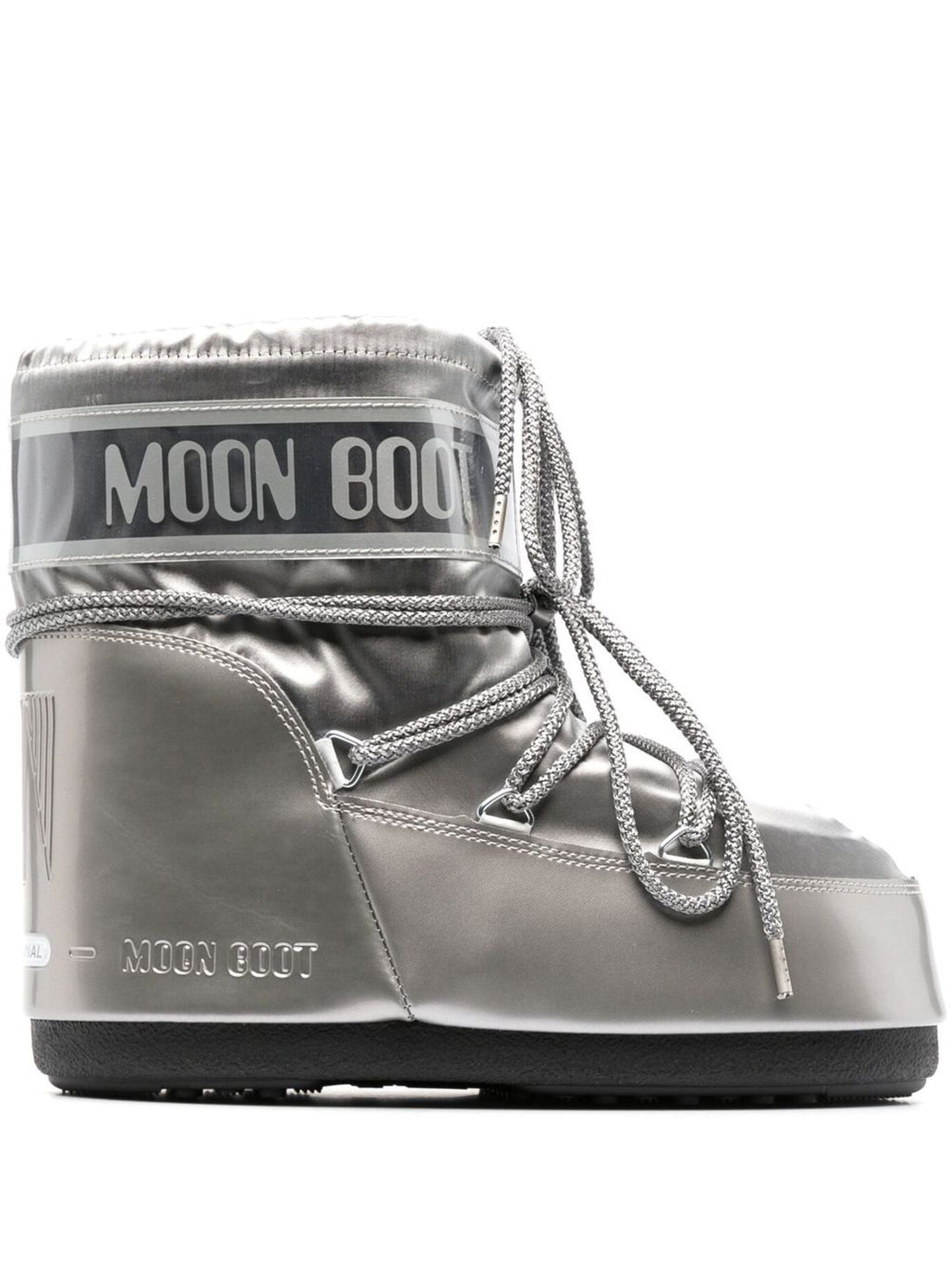 Moon Boot Icon Low Satin Boots in silver with sleek finish and branding side view