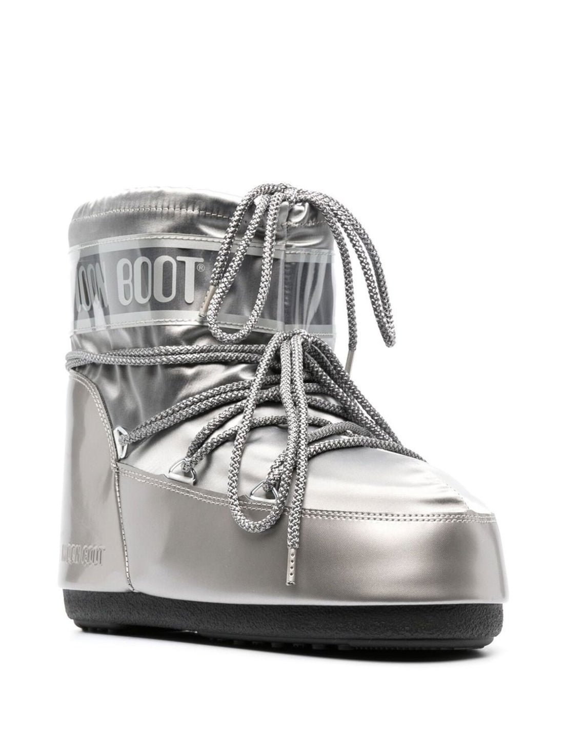 Moon Boot Icon Low Satin Boots in silver with sleek finish and branding