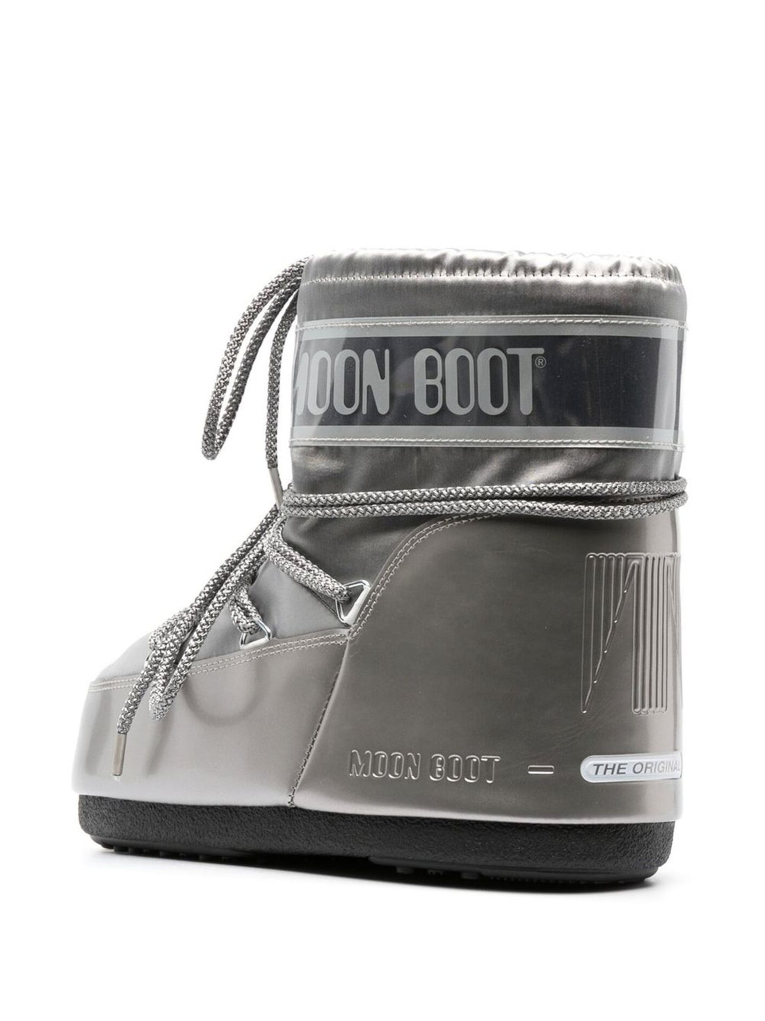 Moon Boot Icon Low Satin Boots in silver with sleek finish and branding