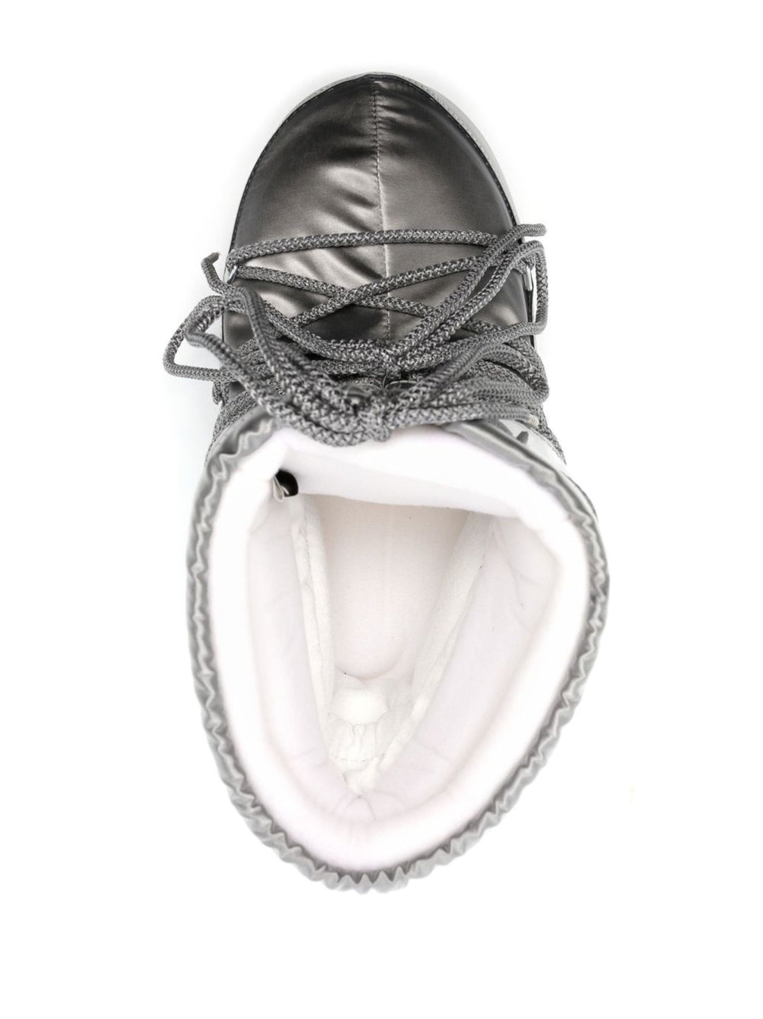 Moon Boot Icon Low Satin Boots in silver with sleek finish and branding top view