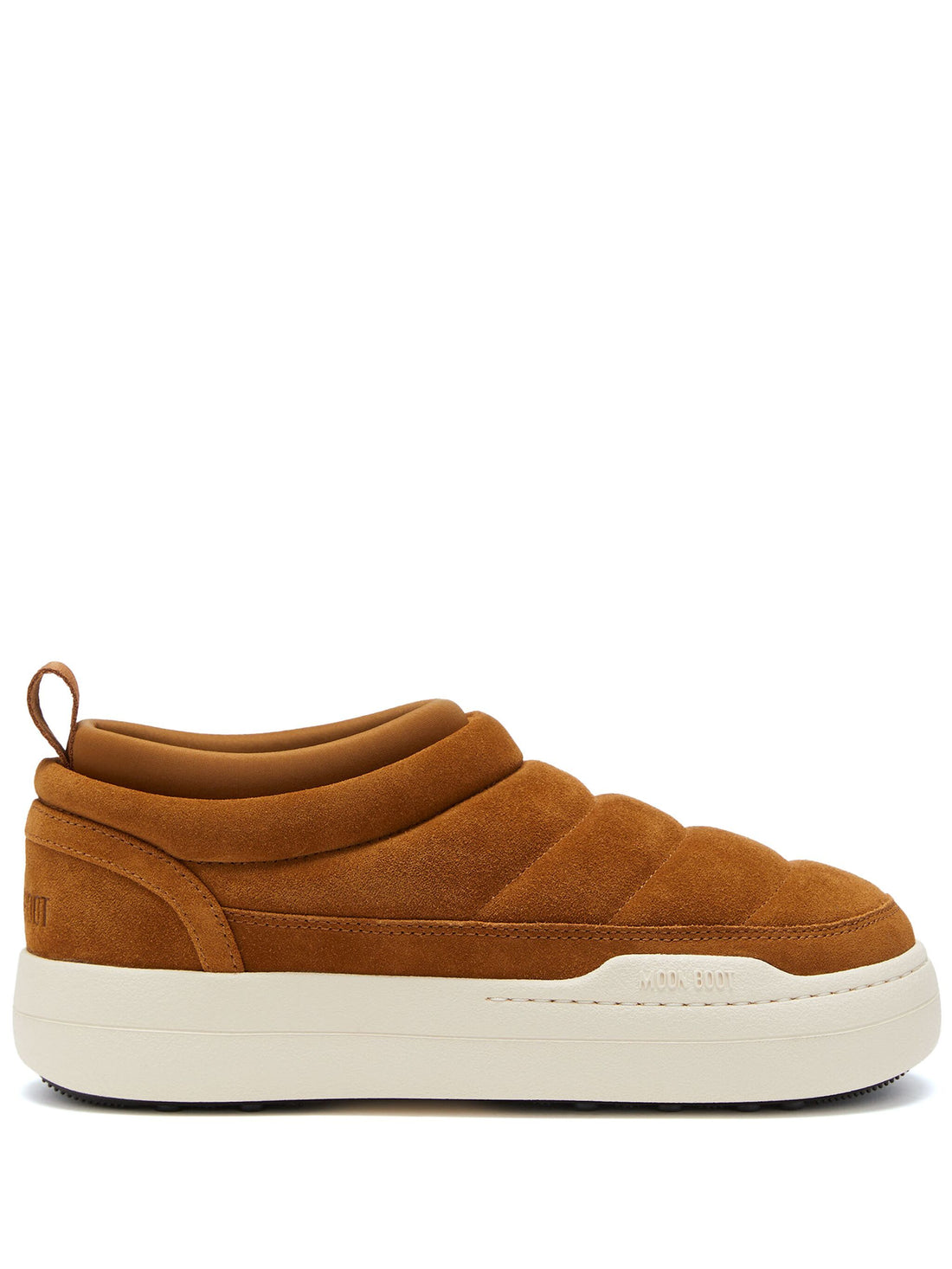 Side view of the MOON BOOT UNISEX Park Soft Suede Sneakers in Cognac, highlighting the textured upper and modern silhouette