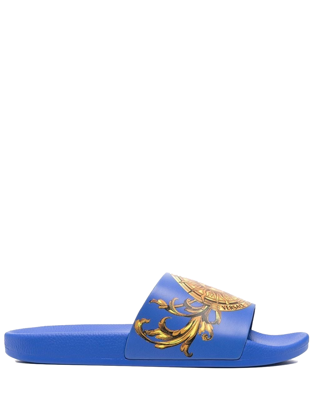 VERSACE Baroque Print Sliders Blue - MAISONDEFASHION.COM