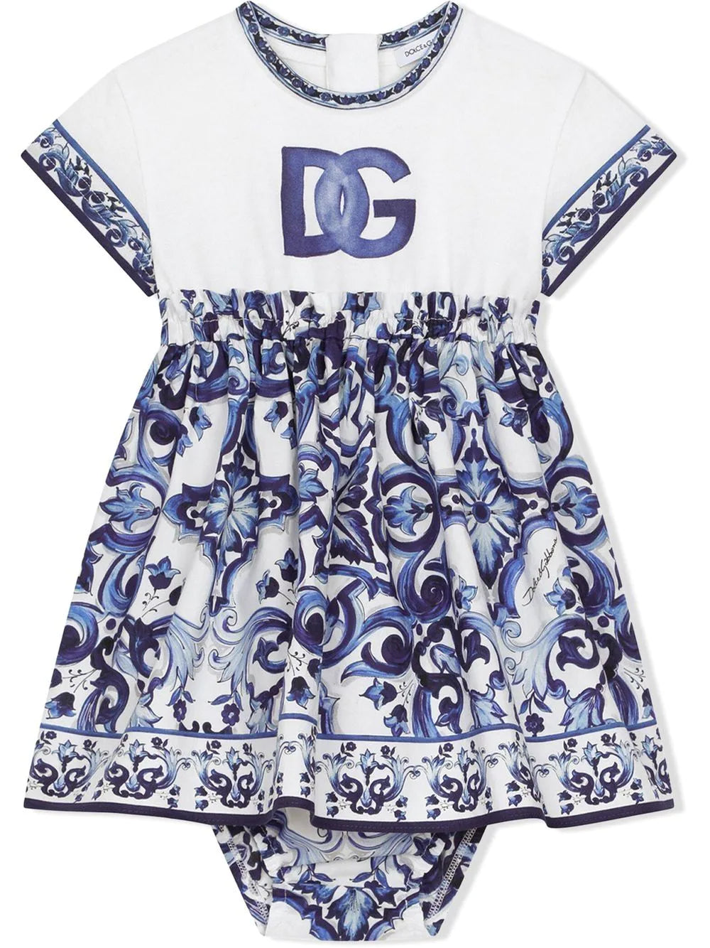 DOLCE & GABBANA BABY Majolica-print Romper Dress Blue/White - MAISONDEFASHION.COM