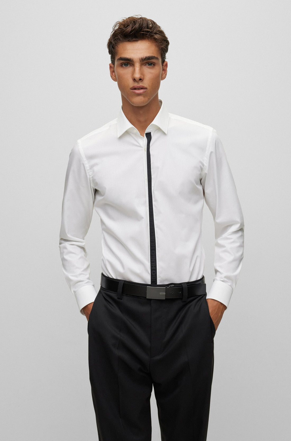 HUGO Contrasting-trim Detail Shirt Open White - MAISONDEFASHION.COM