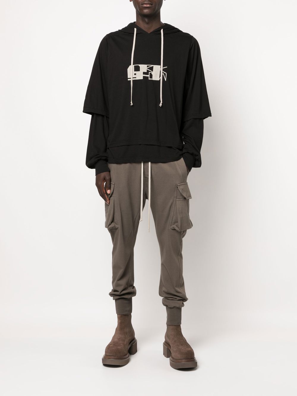 RICK OWENS DRKSHDW Logo-print Layered Hoodie Black/White - MAISONDEFASHION.COM