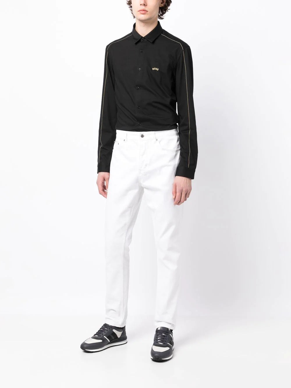 BOSS Logo-embroidered Long-sleeve Shirt Black - MAISONDEFASHION.COM