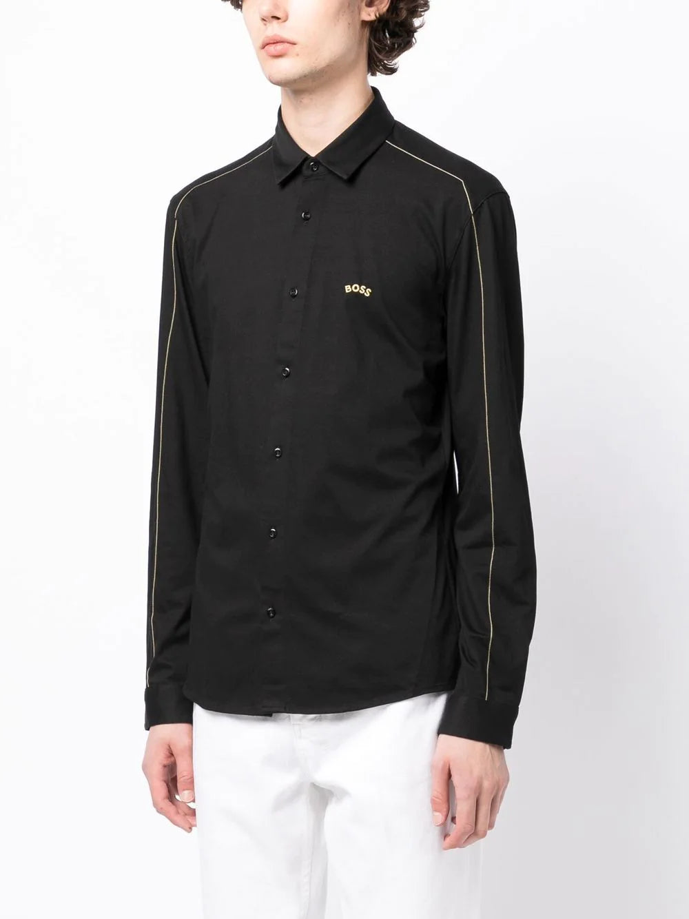 BOSS Logo-embroidered Long-sleeve Shirt Black - MAISONDEFASHION.COM