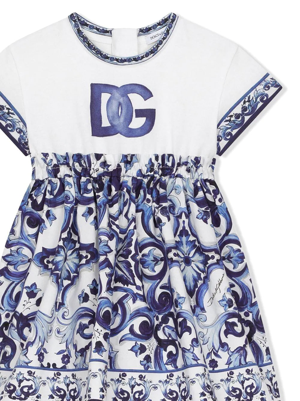 DOLCE & GABBANA BABY Majolica-print Romper Dress Blue/White - MAISONDEFASHION.COM