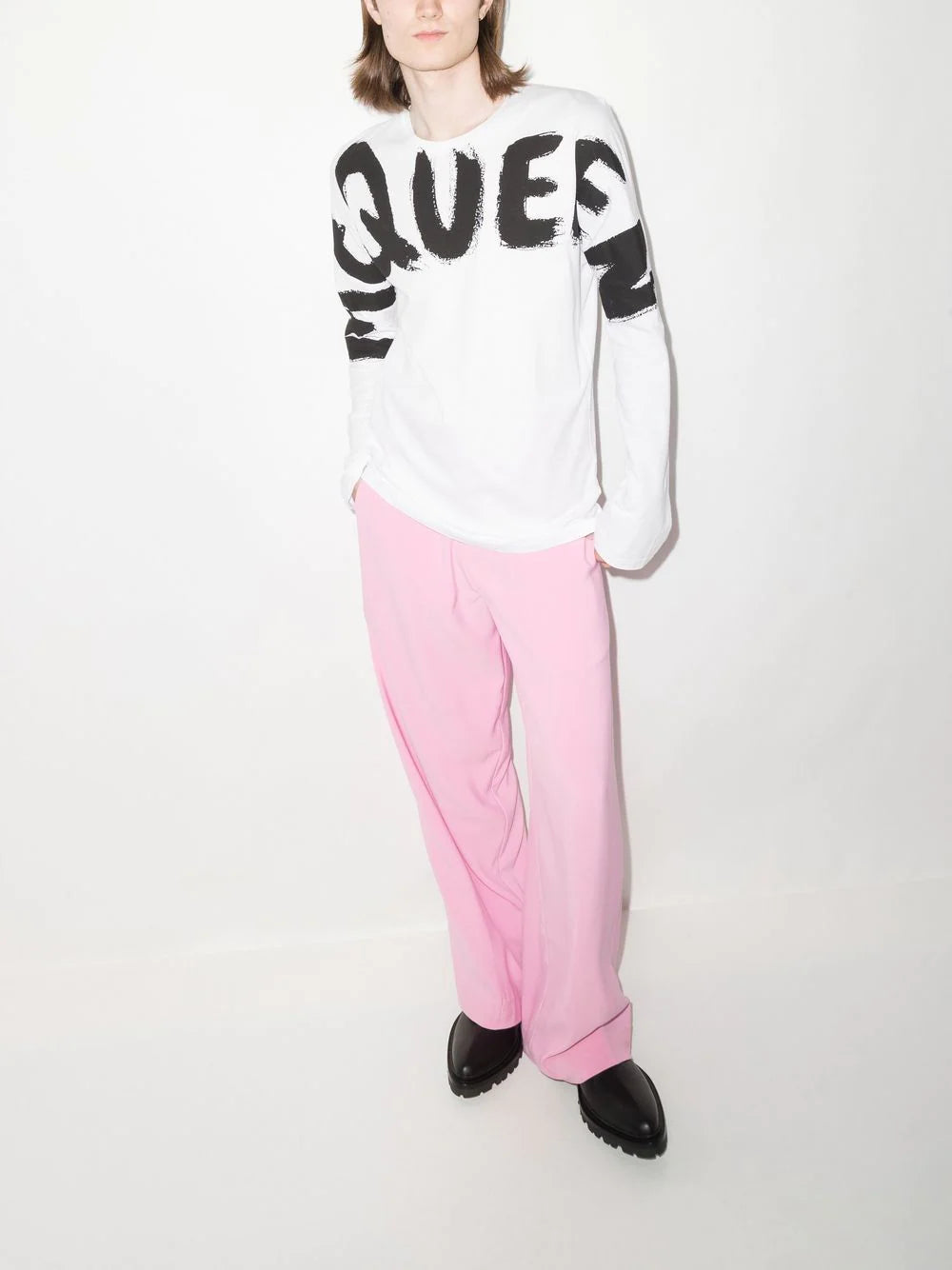 ALEXANDER MCQUEEN Graffiti Logo Print Long Sleeve T-Shirt White - MAISONDEFASHION.COM