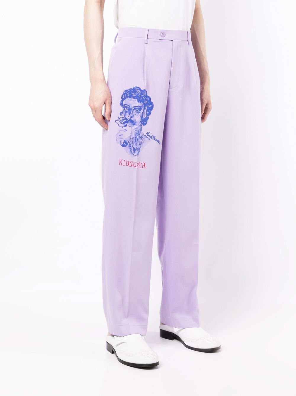 KIDSUPER Graphic-print pressed-crease straight-leg trousers Lavender - MAISONDEFASHION.COM