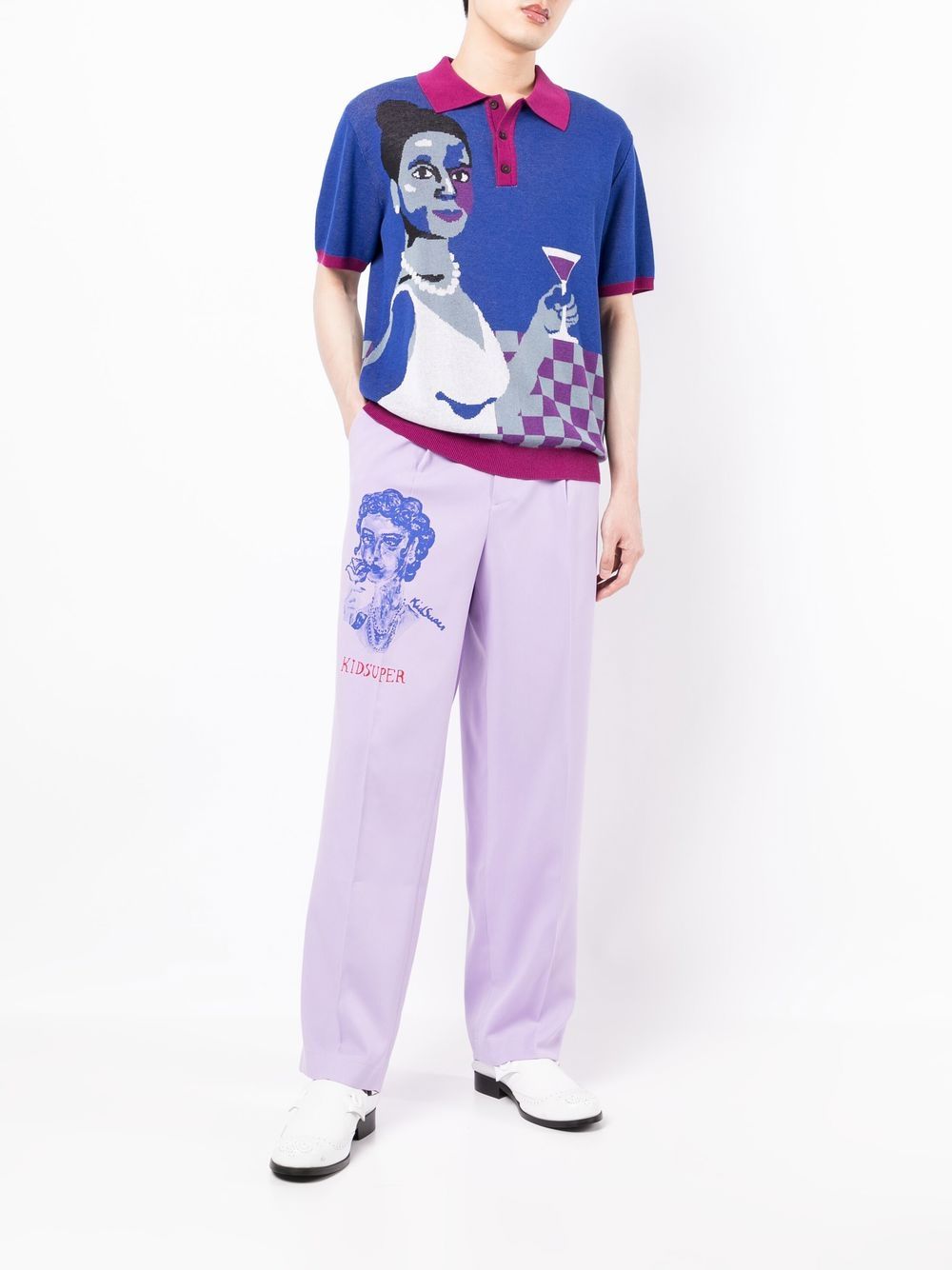 KIDSUPER Graphic-print pressed-crease straight-leg trousers Lavender - MAISONDEFASHION.COM