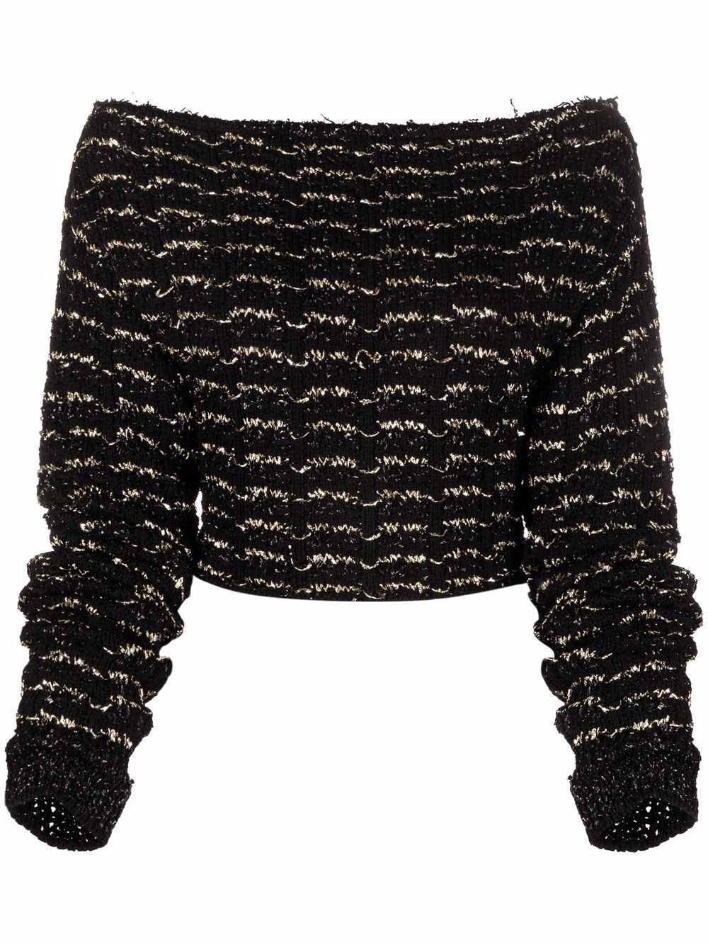 BALMAIN WOMEN  Off-shoulder cropped striped top Black - MAISONDEFASHION.COM