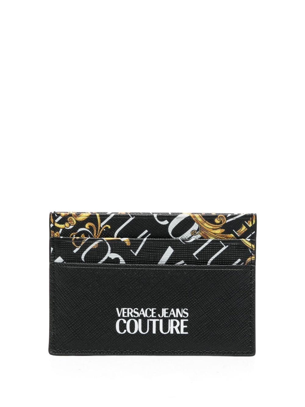 VERSACE Baroque Logo Print Leather Card Holder Black - MAISONDEFASHION.COM