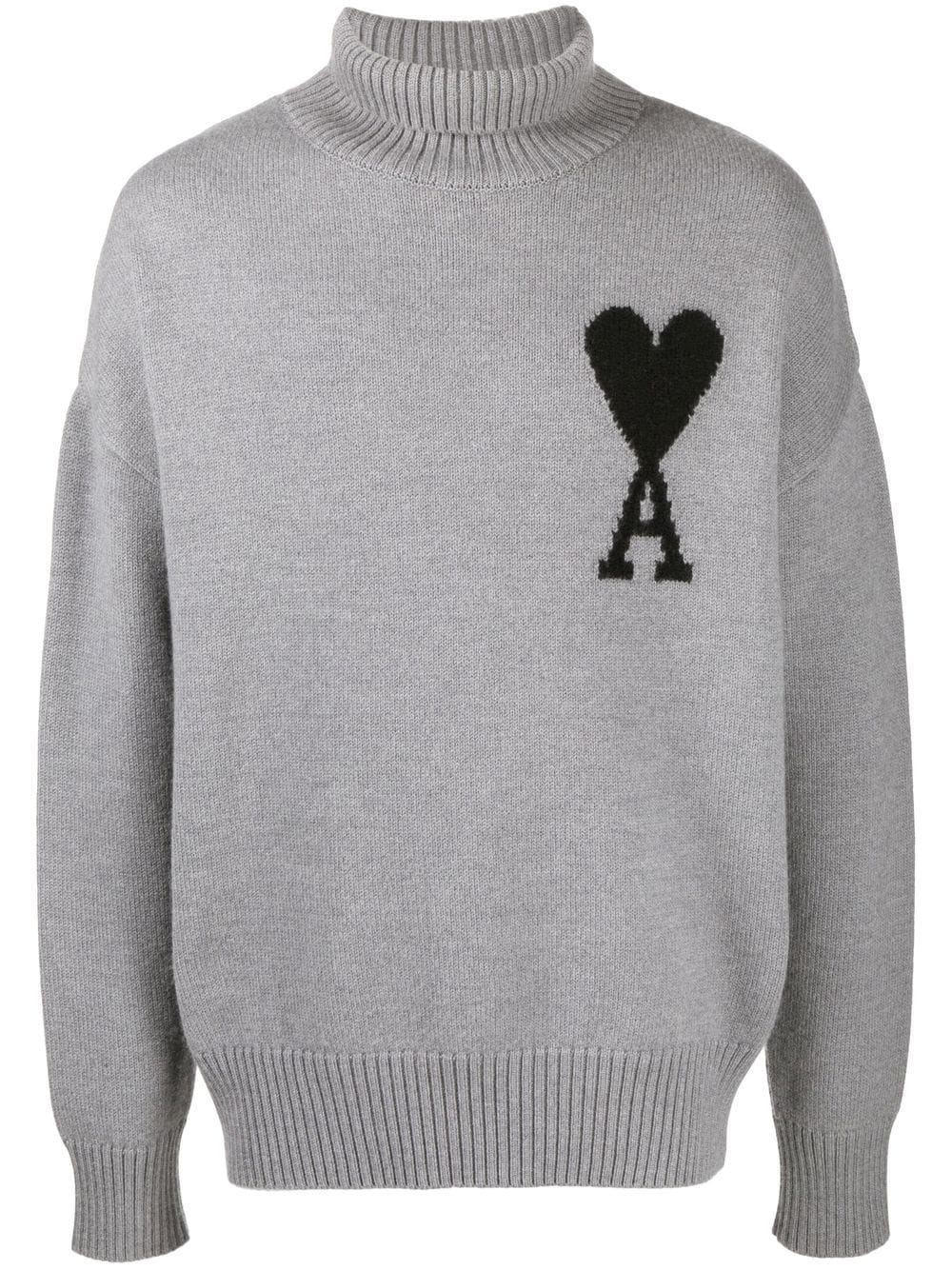 AMI PARIS Ami De Coeur Unisex Funnel Neck Sweater Grey/Black - MAISONDEFASHION.COM