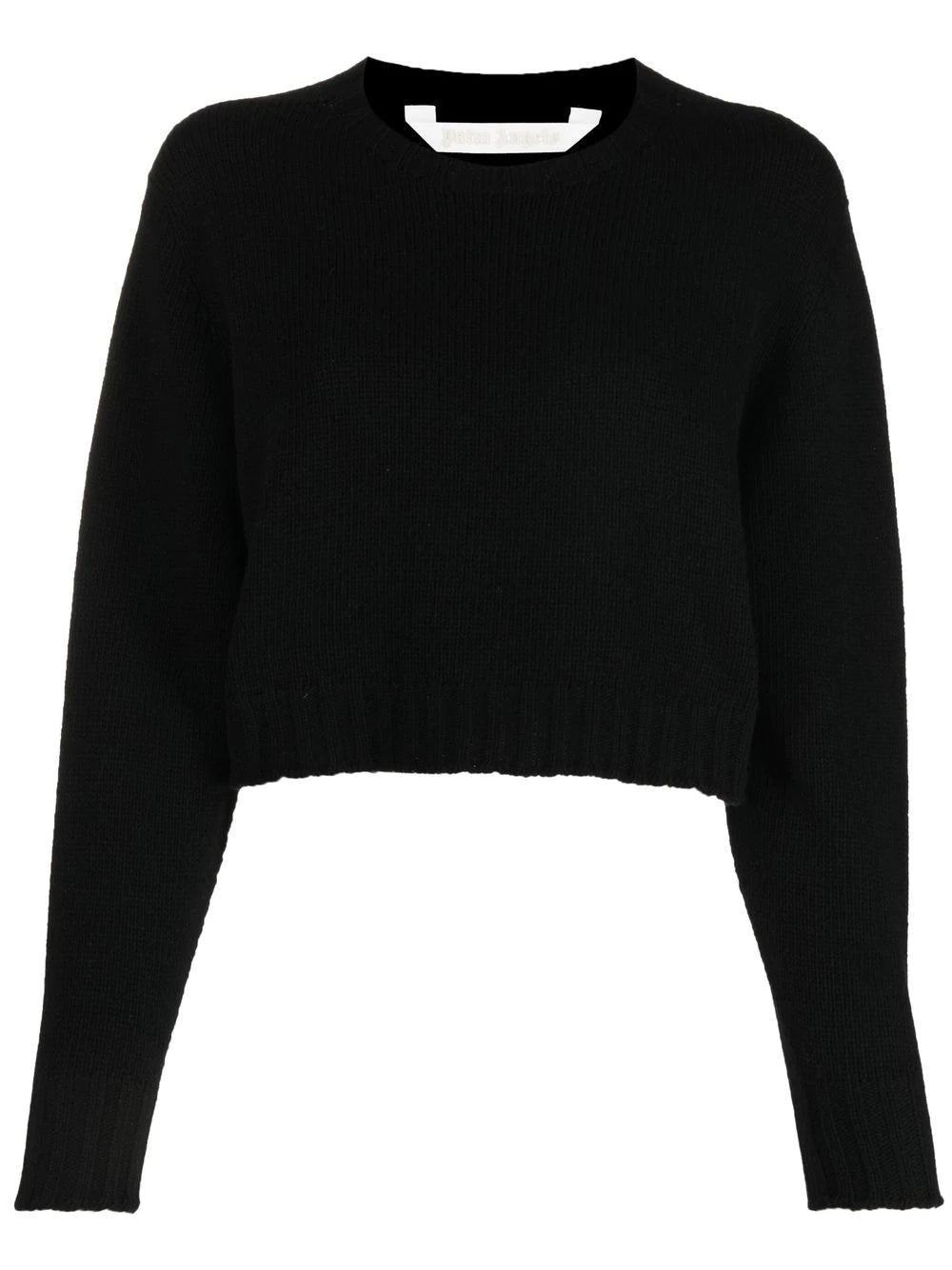 PALM ANGELS WOMEN Curved Logo Cropped Sweater Black/White - MAISONDEFASHION.COM