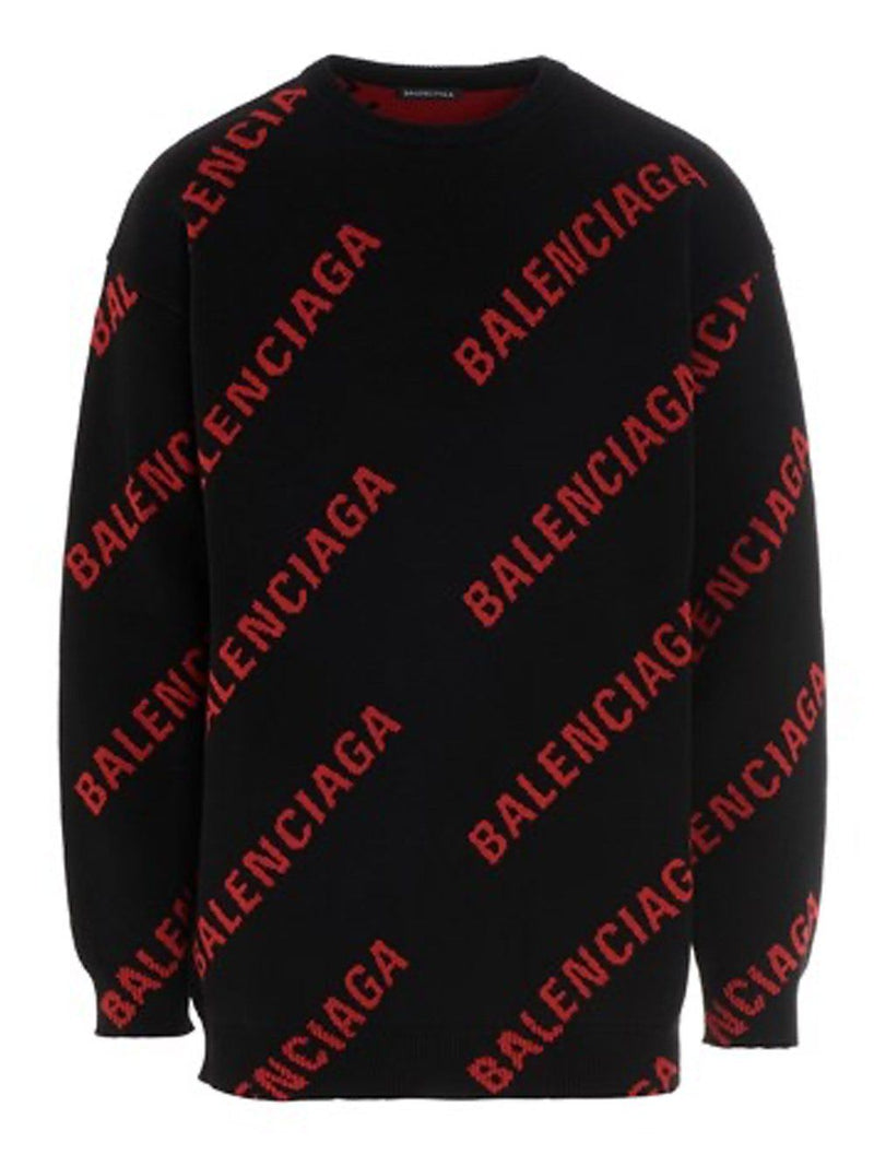 BALENCIAGA All Over Logo Knitted Sweatshirt Black/Red MAISONDEFASHION.COM