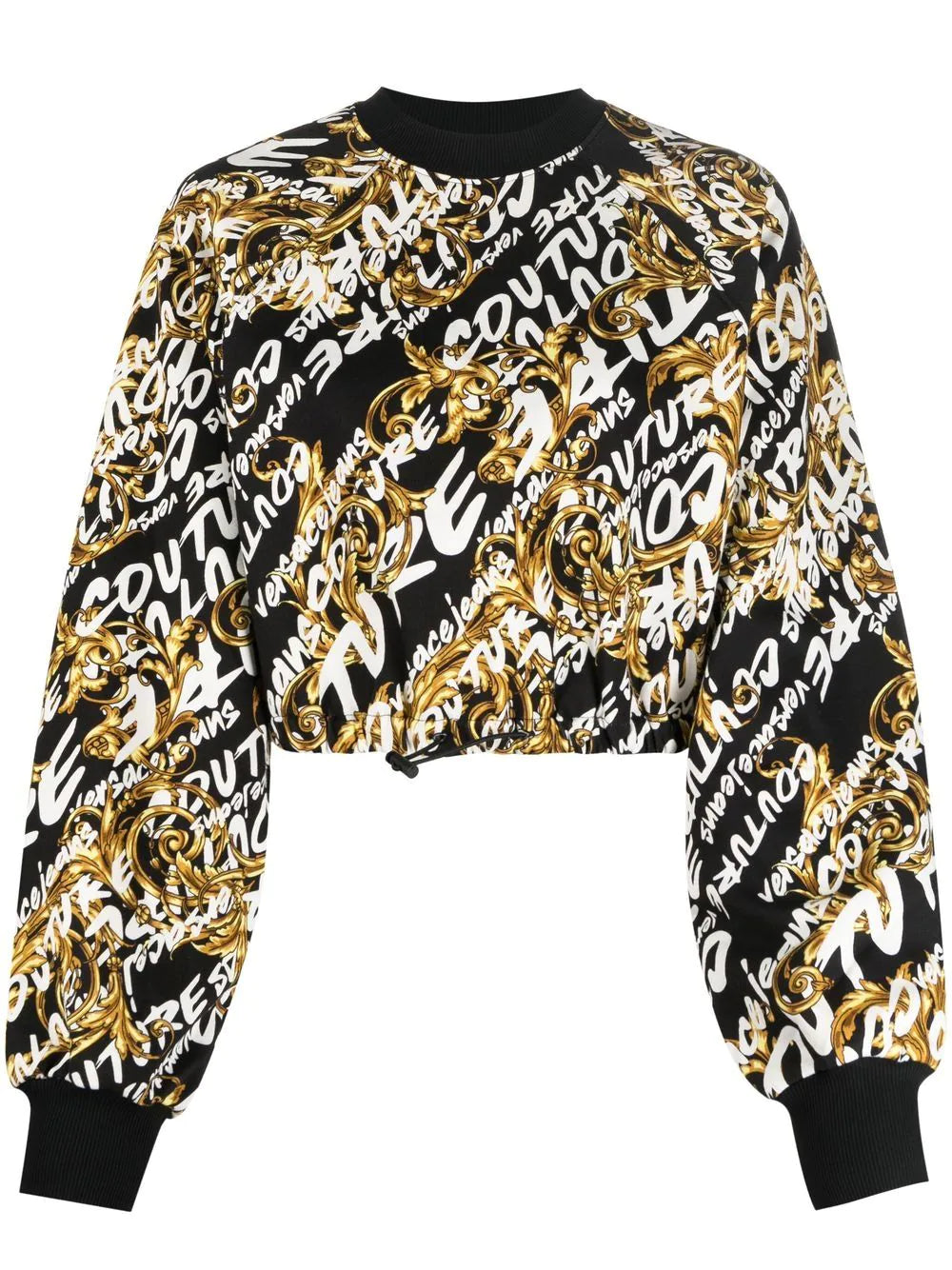 VERSACE WOMEN Baroque Print All Over Logo Cropped Sweatshirt Black - MAISONDEFASHION.COM