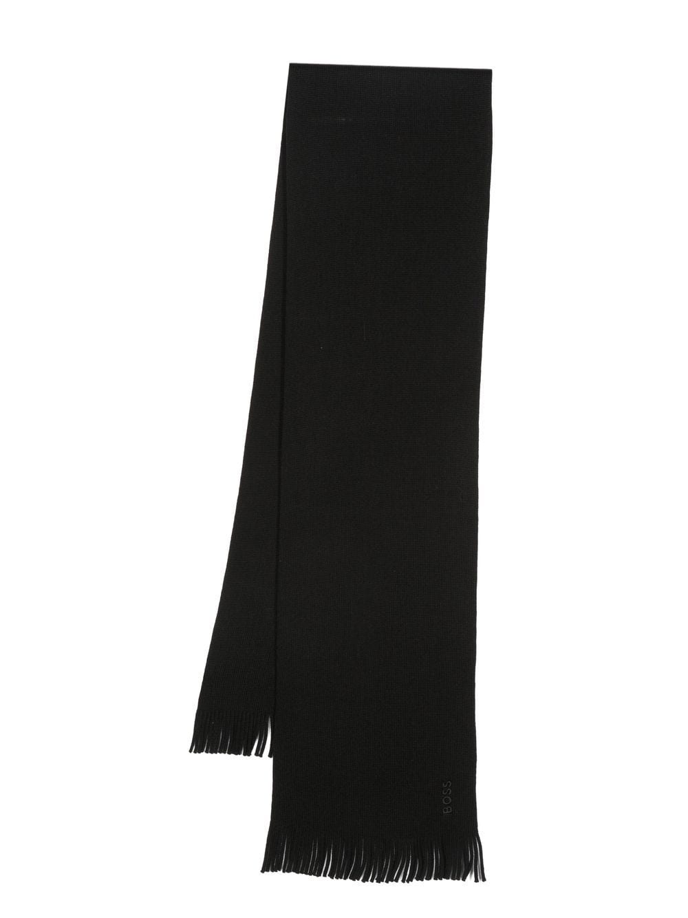 BOSS Logo-embroidered Wool Scarf Black - MAISONDEFASHION.COM