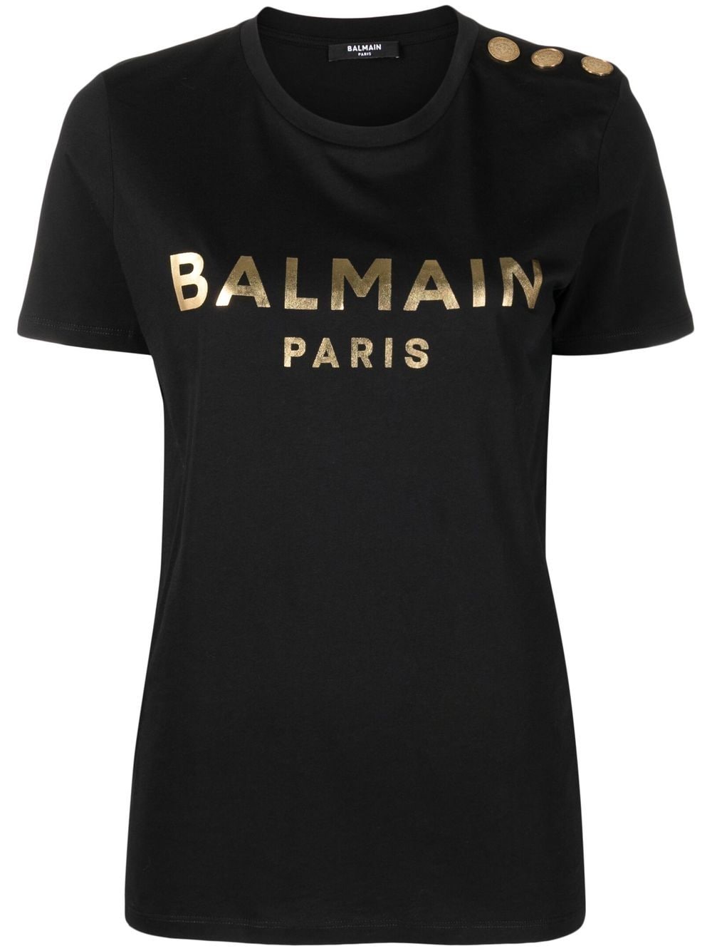 BALMAIN WOMEN Foil Logo Button T-Shirt Black - MAISONDEFASHION.COM