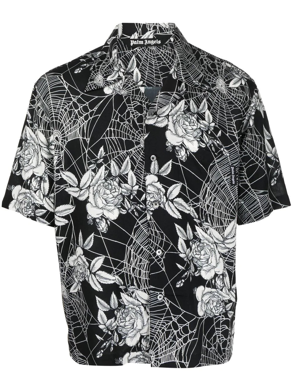 PALM ANGELS Roses Print Bowling Shirt Black/White - MAISONDEFASHION.COM