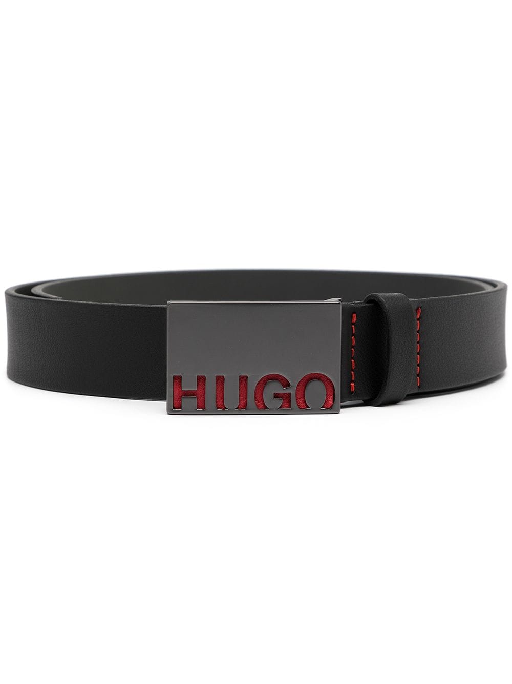 HUGO Italian Leather Belt With Cropped Logo Plaque Black - MAISONDEFASHION.COM