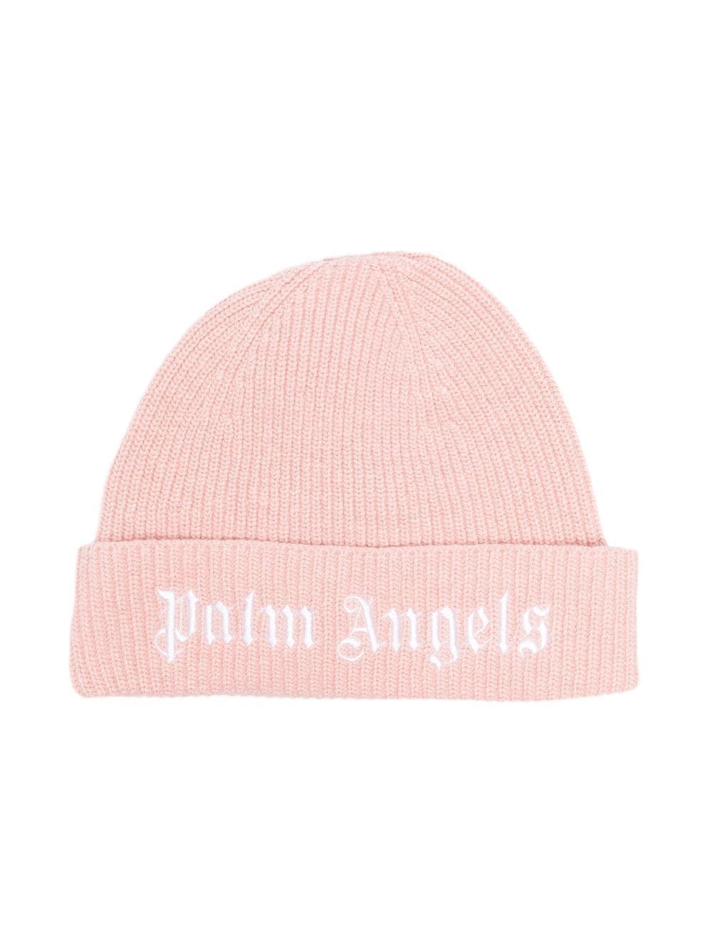 PALM ANGELS KIDS Knit Logo Beanie Pink/White - MAISONDEFASHION.COM