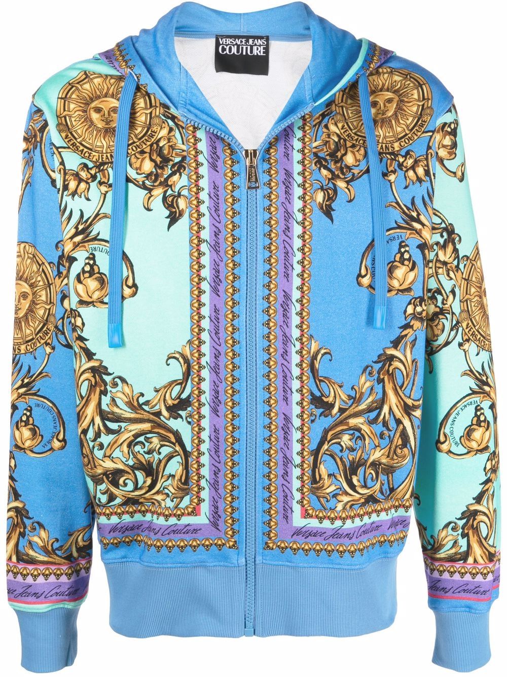 VERSACE Baroque-print zip-through hooded sweatshirt Blue - MAISONDEFASHION.COM