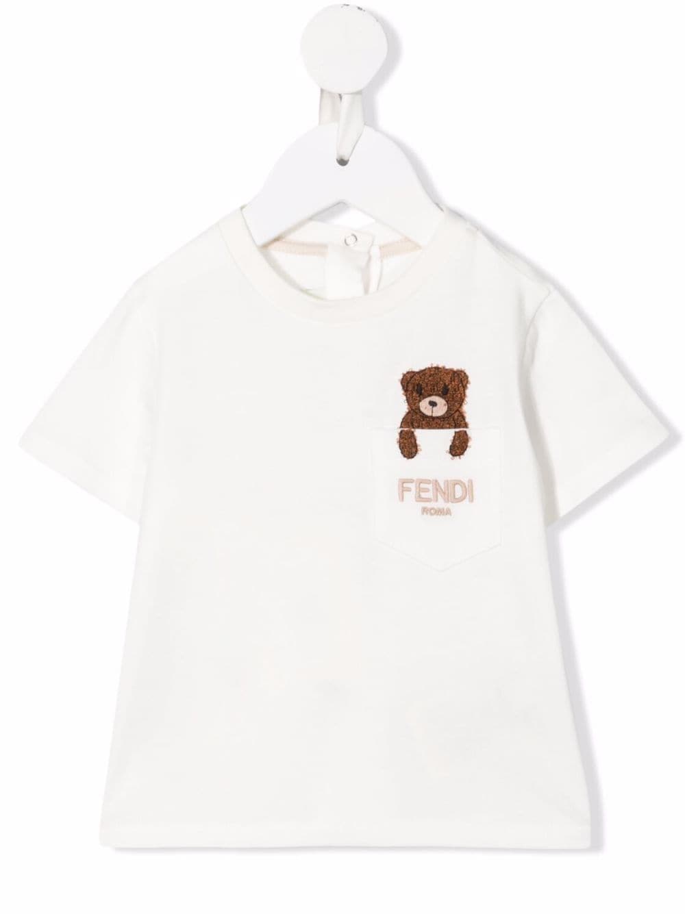 FENDI BABY Teddy Bear Logo Embroidered Pocket T-Shirt White - MAISONDEFASHION.COM