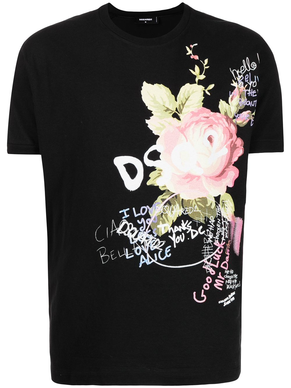 DSQUARED2 Flowers Print T-Shirt Black - MAISONDEFASHION.COM