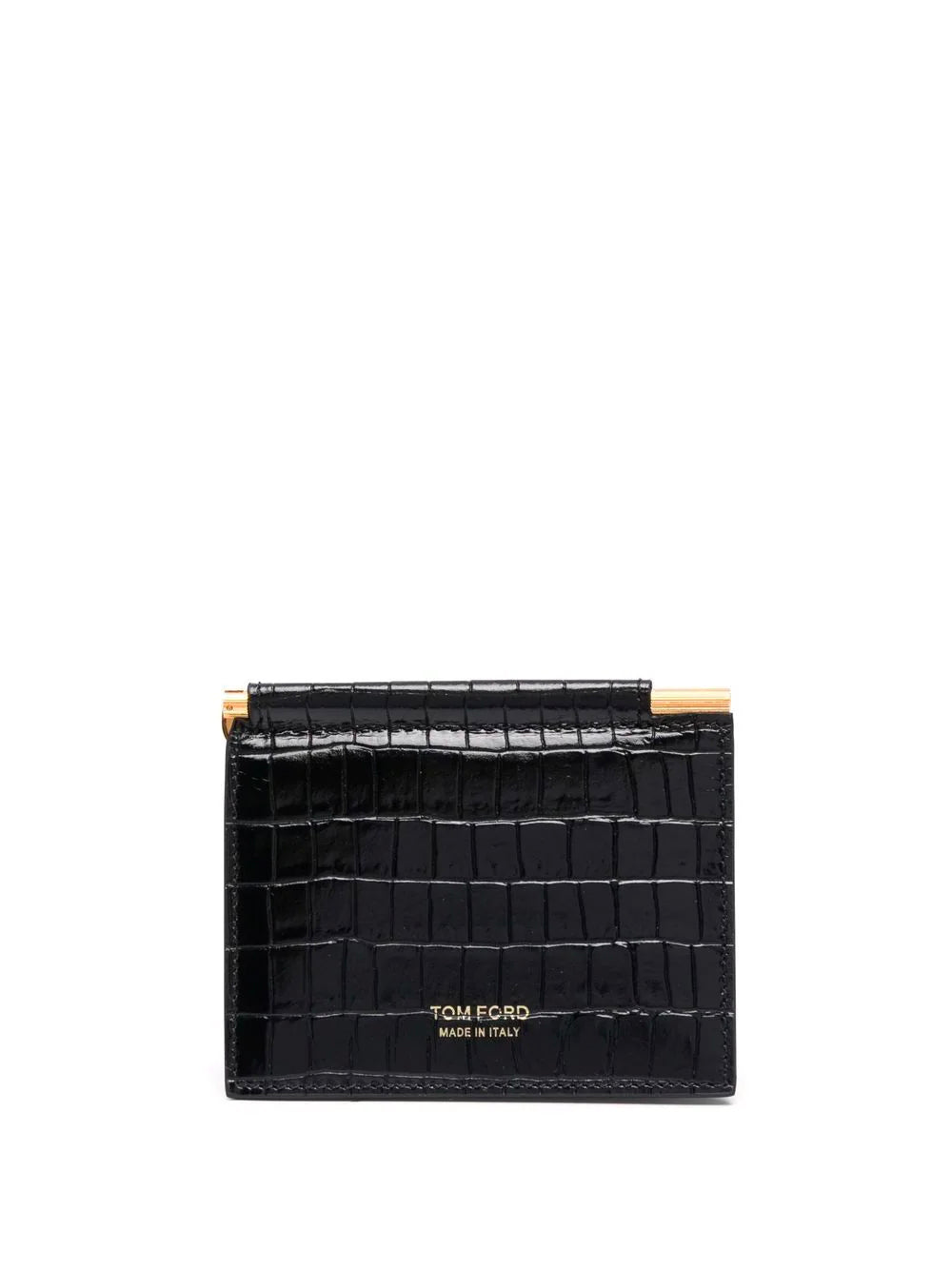 TOM FORD Logo-Print Croc Effect Money Clip Cardholder Black/Gold - MAISONDEFASHION.COM